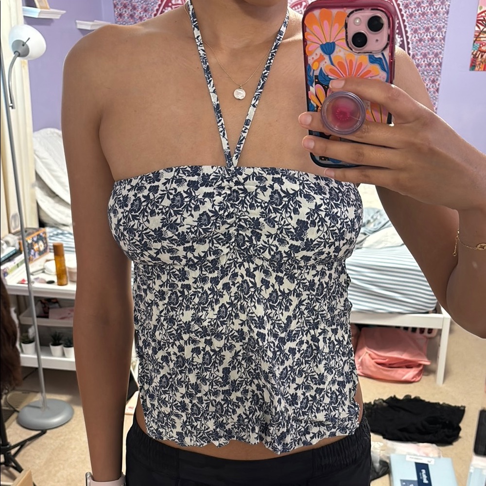 Floral Halter Neck Top - Blue and White